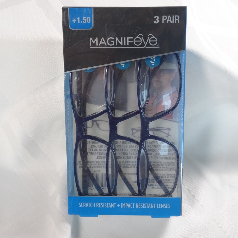 3 Pair +1.50 Magnifeye Scratch Resistant/Impact Resistant Lenses Blue‎ NEW